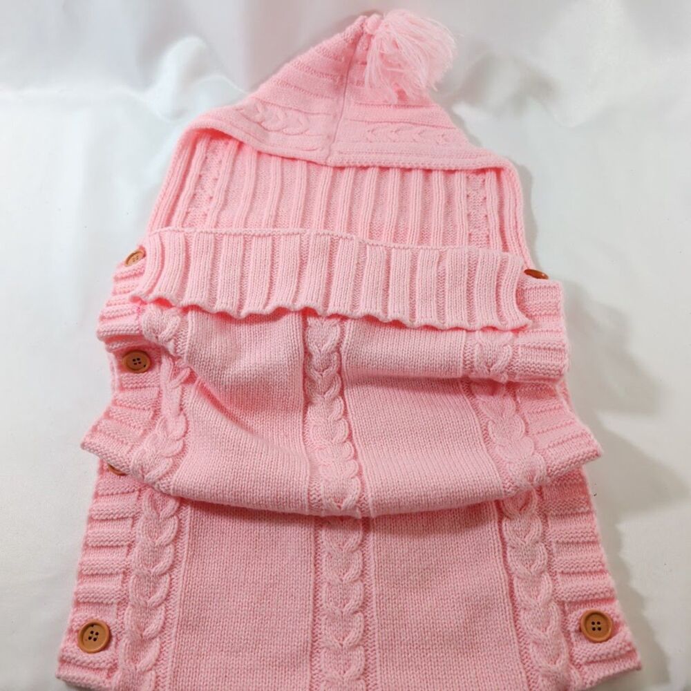 Pink Cable Knit Baby Swaddle Cocoon Hood Tassel Button Newborn Photo Prop